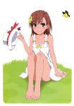  1girl absurdres artist_request bare_shoulders barefoot blush bow brown_eyes brown_hair butterfly grass hair_bow hat hat_removed headwear_removed highres looking_at_viewer misaka_mikoto scan short_hair sitting smile solo tank_top to_aru_kagaku_no_railgun to_aru_majutsu_no_index toes 