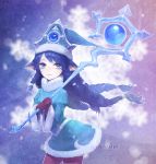  1girl alternate_costume alternate_hair_color alternate_hairstyle animal_ears blue_dress blue_eyes blue_hair braid dress gloves hat heather37 league_of_legends long_hair long_sleeves lulu_(league_of_legends) smile solo staff winter_clothes 