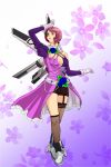  1girl alisa_boskonovich asymmetrical_clothes asymmetrical_legwear boots drill_hair flower flower_on_head green_eyes multicolored_hair namco pink_hair popon_ta solo tekken thigh-highs two-tone_hair wings 