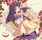  1girl apple black_hair blue_eyes bow chi_yu dress food fruit hair_bow long_hair open_mouth puffy_sleeves red_bow short_sleeves smile snow_white_(grimm) snow_white_and_the_seven_dwarfs solo thigh-highs 