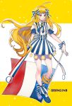  1girl absurdres ahoge aruterra blonde_hair bow dress flag food_themed_clothes france hair_bow highres long_hair orangina personification shoes solo text yellow_eyes 