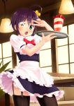  1girl ahoge apron black_hair black_legwear blue_eyes blush chuunibyou_demo_koi_ga_shitai! eyepatch garter_straps glowing glowing_eye gogo_shichi-ji hair_ribbon heterochromia highres looking_at_viewer parfait ribbon short_hair side_ponytail skirt solo takanashi_rikka thighhighs tray waist_apron waitress yellow_eyes 