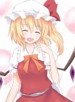  1girl blonde_hair bow closed_eyes flandre_scarlet hachimi hat hat_bow highres open_mouth side_ponytail solo touhou wings 