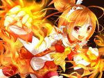  1girl amanayori arm_warmers choker cure_sunny detached_sleeves dress eyelashes fire hair_bun hair_ornament half_updo happy highres hino_akane looking_at_viewer magical_girl open_mouth orange_(color) orange_dress orange_eyes orange_hair precure ribbon short_hair smile smile_precure! solo wrist_cuffs 