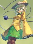  1girl bow buttons green_eyes green_hair green_skirt hat hat_bow heart highres komeiji_koishi long_sleeves looking_at_viewer messy_hair oversized_clothes pantyhose shirt simple_background skirt solo temmasa22 third_eye touhou wide_sleeves 