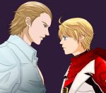  1boy 1girl ahoge blonde_hair blue_eyes dress_shirt jacket jewelry leo_kliesen namco necklace popon_ta purple_background reverse_trap scarf shirt short_hair stare_down steve_fox tekken 