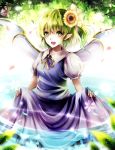  1girl daiyousei dress eyelashes fairy_wings flower green_eyes green_hair hair_flower hair_ornament highres kotonoman leaf leaf_background light_trail looking_at_viewer open_mouth petals pointy_ears puffy_short_sleeves puffy_sleeves short_hair short_sleeves side_ponytail skirt skirt_lift solo sunflower touhou wings 