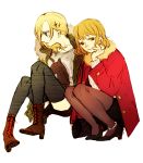  2girls ankle_boots annie_leonhardt black_legwear blonde_hair blue_eyes boots character_request coat contemporary cross-laced_footwear fashion hair_ornament hairclip hitch_doris lace-up_boots multiple_girls nose pantyhose shingeki_no_kyojin sorakura_shikiji squatting thigh-highs 