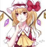  1girl ascot blonde_hair bust dated finger_to_mouth flandre_scarlet mikey3325 mob_cap red_eyes short_hair short_puffy_sleeves smile touhou wings 