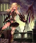  1girl armor blonde_hair building highres long_hair looking_at_viewer pixiv_fantasia pixiv_fantasia_fallen_kings polearm red_eyes skirt solo spear tyappygain weapon 