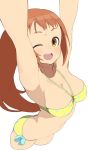  1girl ;d accho_(macchonburike) armpits arms_up bikini breasts brown_eyes cleavage cropped_legs foreshortening halterneck long_hair open_mouth orange_hair simple_background smile solo swimsuit very_long_hair wet white_background wink 
