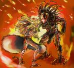  1boy armor battle berserker_predator blonde_hair chain clenched_teeth crossover dress gauntlets headbutt helmet horn hoshiguma_yuugi long_hair nameo_(judgemasterkou) precure predator_(film) red_eyes shoulder_cannon smile_precure! touhou underwear 