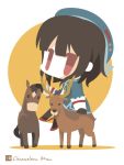  1girl black_hair chameleon_man_(three) chibi deer hat horse kantai_collection petting red_eyes short_hair sitting takao_(kantai_collection) 