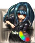  1girl blue_hair commentary_request kotoba_noriaki long_hair looking_at_viewer open_mouth original paintbrush pixiv_card_battler red_eyes solo 