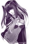  1girl breasts bridal_gauntlets cape fire_emblem fire_emblem:_kakusei long_hair monochrome sho-n-d smile solo tharja tiara two_side_up 