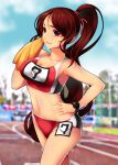  1girl blurry breasts brown_hair cleavage depth_of_field hair_ribbon hand_on_hip koflif long_hair midriff mound_of_venus navel open_mouth original ponytail ribbon sky solo sweat towel track track_suit violet_eyes watch wiping_sweat 