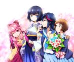  4girls black_hair blue_eyes blush bouquet bow brown_eyes brown_hair diploma flower graduation hair_bow highres jakuzure_nonon japanese_clothes kill_la_kill kimono kiryuuin_satsuki long_hair mankanshoku_mako matoi_ryuuko multicolored_hair multiple_girls mytyl payot pink_eyes pink_hair redhead school_uniform serafuku short_hair skirt smile spoilers tube two-tone_hair 