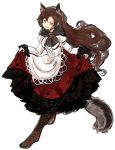  1girl adapted_costume alternate_costume animal_ears apron boots brooch brown_boots brown_hair cross-laced_footwear curtsey dress full_body imaizumi_kagerou inazakura00 jewelry knee_boots long_hair long_sleeves red_eyes solo tail touhou very_long_hair waist_apron white_background wolf_ears wolf_tail 