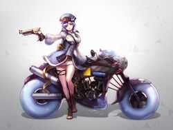  1girl ;egs bag blue_eyes blue_hair boots breasts coat gun hat motor_vehicle motorcycle peaked_cap pistol shoulder_bag tagme terong trigger_discipline vehicle weapon 