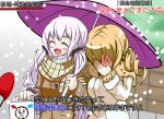  2girls artist_request blonde_hair blush couple covering_face drill_hair interview long_hair magical_girl mahou_shoujo_madoka_magica mahou_shoujo_madoka_magica_movie microphone momoe_nagisa multiple_girls open_mouth parody scarf short_hair smile snow snowing special_feeling_(meme) tomoe_mami translation_request twin_drills umbrella winter_clothes yuri 
