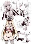  1girl animal_ears bare_shoulders bikini bismarck_(kantai_collection) black_bikini blonde_hair blue_eyes blush breasts cat_ears cleavage detached_sleeves grey_legwear highres kantai_collection large_breasts long_hair looking_at_viewer mound_of_venus navel oota_yuuichi personification side-tie_bikini smile solo swimsuit thigh-highs translation_request 