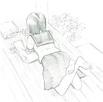  1girl barefoot monochrome original school_uniform short_hair sketch solo yoshitomi_akihito 
