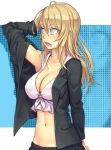  1girl and blazer blonde_hair blue_eyes breasts cleavage fang long_hair midriff mustard_seeds navel open_mouth original solo 