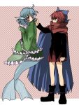  2girls blue_eyes blue_hair boots bow cape checkered checkered_background covered_mouth drill_hair floating frilled_kimono frills hair_bow head_fins hyoumamyon japanese_clothes kimono mermaid monster_girl multiple_girls red_eyes redhead sekibanki shirt short_hair skirt touhou wakasagihime 