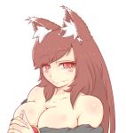  1girl animal_ears bare_shoulders blush_stickers breasts brown_hair bust cleavage cube85 face fang imaizumi_kagerou large_breasts long_hair looking_at_viewer red_eyes simple_background smile solo touhou very_long_hair white_background wolf_ears 