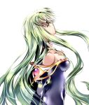  1girl ass bare_shoulders breasts c.c. cleavage code_geass colored_eyelashes dress green_hair long_hair looking_up meimi_k solo yellow_eyes 