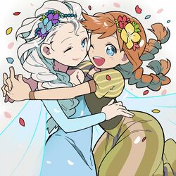  2girls anna_(frozen) bare_shoulders blonde_hair blue_eyes braid dress elsa_(frozen) frozen_(disney) hidakarumen hug long_hair makeup multiple_girls siblings single_braid sisters smile twin_braids wink 