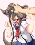  1girl arm_grab black_hair blush collarbone dream_demon fangs full-face_blush gradient gradient_background hand_on_head horns long_hair monster_girl open_mouth original pleated_skirt pointy_ears red_eyes school_uniform skirt solo tail very_long_hair wince wink 