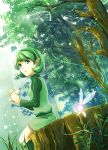  1girl blue_eyes boots dutch_angle fairy forest grass green_hair hairband ichimoku_(373117) instrument long_sleeves nature ocarina ocarina_of_time parted_lips pointy_ears saria short_hair shorts sitting solo the_legend_of_zelda tree tree_stump 