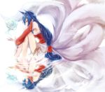  1girl ahri animal_ears blue_hair detached_sleeves dress fox_ears fox_tail frown japanese_clothes kakip league_of_legends long_hair long_sleeves multiple_tails reflection sitting solo tail water yellow_eyes 