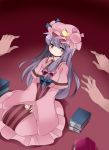  1girl book capelet commentary_request crescent_hair_ornament dress hair_ornament hair_ribbon hammer_(sunset_beach) hat long_hair multiple_hands patchouli_knowledge purple_hair ribbon solo_focus striped striped_dress touhou violet_eyes wide_sleeves 