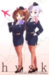  2girls airplane arm_behind_back blazer blush brown_eyes brown_hair brown_legwear dress_shirt english gloves hair_ornament hand_on_hip hat high_heels highres kainou_yoshiko long_hair looking_at_viewer miniskirt mizuhara_hayari multiple_girls open_mouth pantyhose pencil_skirt purple_hair saki scarf shirt short_hair skirt smile standing stewardess taoru two_side_up uniform violet_eyes white_gloves white_shirt 