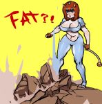  1girl angry blue_eyes blush breasts brown_hair cleavage crop_top fingerless_gloves gloves ground_shatter horns large_breasts midriff miltank pants personification pokemon scathegrapes short_hair solo tail toeless_legwear weight_conscious 