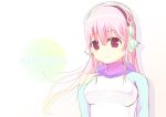  1girl breasts headphones large_breasts long_hair looking_at_viewer nitroplus pink_hair red_eyes scarf smile solo super_sonico 