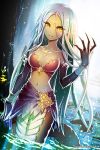  1girl breasts cat_shi claws cleavage dark_skin gem lamia large_breasts long_hair monster_girl navel silver_hair slit_pupils solo sword_girls water yellow_eyes 