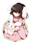  1girl :3 animal_ears brown_hair carrot dress inaba_tewi jewelry looking_at_viewer nakukoroni necklace pink_dress puffy_sleeves rabbit rabbit_ears red_eyes short_sleeves simple_background sitting smile solo touhou white_background |_| 