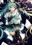  1girl arm_up detached_sleeves green_eyes green_hair hatsune_miku long_hair necktie paper skirt solo soulkiller thigh-highs twintails very_long_hair vocaloid 