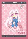  1girl blush hata_no_kokoro highres long_hair mask milkpanda phone_screen pink_background pink_hair touhou translated violet_eyes 