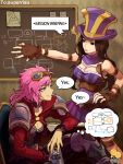  2girls 2gold belt blue_eyes breasts brown_eyes brown_gloves brown_hair caitlyn_(league_of_legends) cleavage dress fingerless_gloves gloves goggles goggles_on_head jacket league_of_legends long_hair long_sleeves multiple_girls pink_hair purple_dress smile speech_bubble text vi_(league_of_legends) 