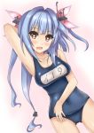  1girl blue_hair brown_eyes fang heart heart-shaped_pupils i-19_(kantai_collection) kantai_collection long_hair personification school_swimsuit swimsuit symbol-shaped_pupils terakoya twintails wavy_mouth 