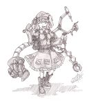  1girl :d absurdres backpack bag belt boots graphite_(medium) greyscale hair_bobbles hair_ornament hat highres kawashiro_nitori key mechanical_arm monochrome open_mouth short_hair signature skirt smile sogin solo tools touhou traditional_media twintails wink wrench 