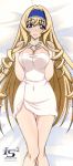  1girl absurdres bed_sheet blonde_hair blue_eyes blush body_blush breasts cecilia_alcott cleavage covered_navel dakimakura drill_hair hairband highres infinite_stratos large_breasts logo long_hair lying naked_towel official_art on_back shiny shiny_skin smile solo towel very_long_hair 