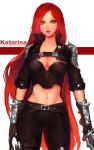  1girl belt black_pants breasts character_name cleavage gloves green_eyes holding_weapon jacket katarina_du_couteau league_of_legends long_hair long_sleeves looking_at_viewer midriff navel redhead scar solo yy6242 