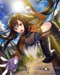  1girl boots breasts brown_hair cleavage empew gloves jacket long_hair open_mouth original red_eyes shingeki_no_kyojin solo tagme thigh_strap three-dimensional_maneuver_gear 