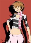  1girl breasts brown_hair casual cleavage commentary crop_top dh_(brink_of_memories) hand_on_own_face highres lips midriff navel persona persona_3 scarf short_hair skirt solo striped striped_scarf takeba_yukari 