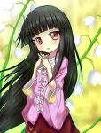  1girl :o black_hair blush bow fingernails flower hands_together head_tilt hime_cut houraisan_kaguya interlocked_fingers japanese_clothes lily_of_the_valley long_hair long_sleeves looking_at_viewer orange_eyes solo tonakai_(bunsuka) touhou very_long_hair yellow_background 